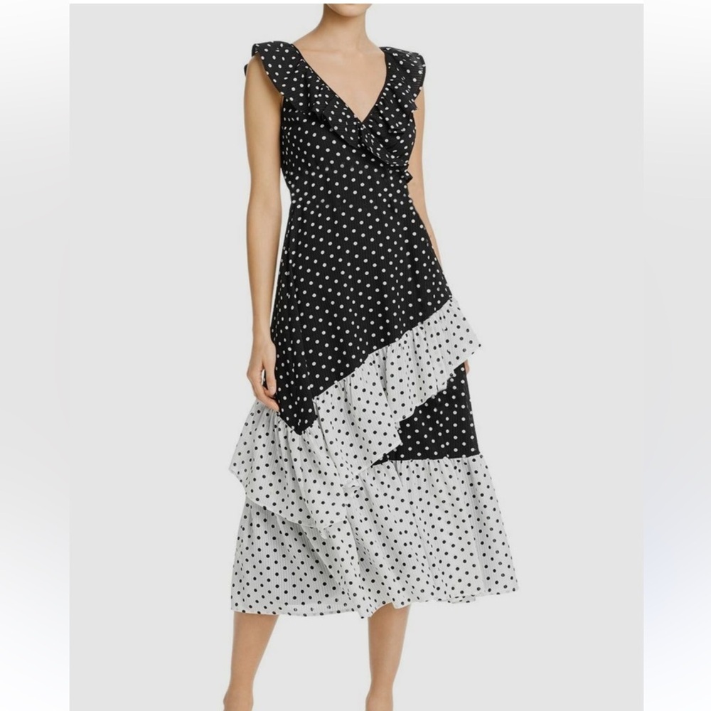 Polka Dot Ruffle Midi Dress - Black and White